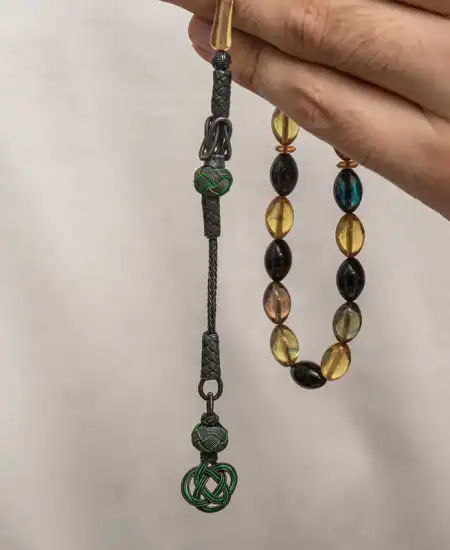 Gümüş Kazaz Püsküllü Sıkma Kehribar Tesbih