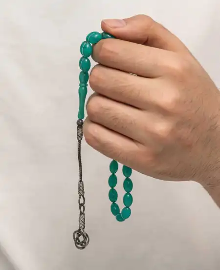 Gümüş Kazaz Püsküllü Sıkma Kehribar Tesbih