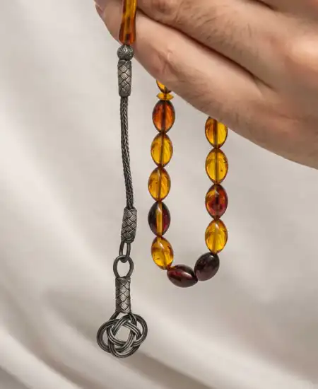 Gümüş Kazaz Püsküllü Sıkma Kehribar Tesbih