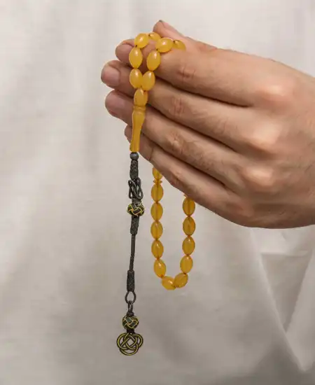 Gümüş Kazaz Püsküllü Sıkma Kehribar Tesbih