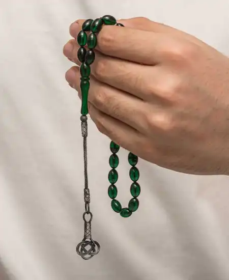 Gümüş Kazaz Püsküllü Sıkma Kehribar Tesbih