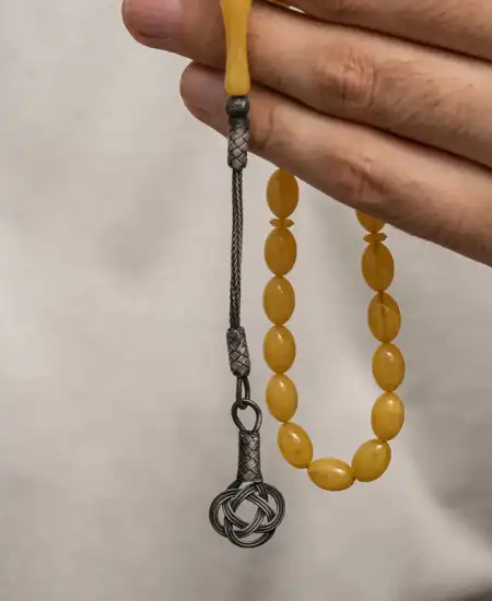 Gümüş Kazaz Püsküllü Sıkma Kehribar Tesbih