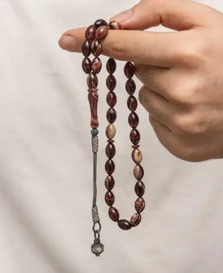 Gümüş Kazaz Püsküllü Sıkma Kehribar Tesbih