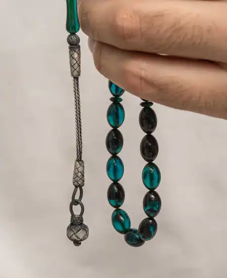 Gümüş Kazaz Püsküllü Sıkma Kehribar Tesbih