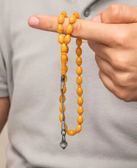 Gümüş Kazaz Püsküllü Sıkma Kehribar Tesbih