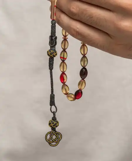 Gümüş Kazaz Püsküllü Sıkma Kehribar Tesbih