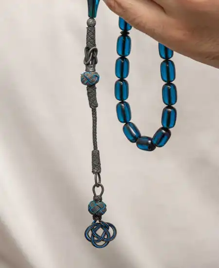 Gümüş Kazaz Püsküllü Sıkma Kehribar Tesbih