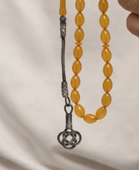 Gümüş Kazaz Püsküllü Sıkma Kehribar Tesbih