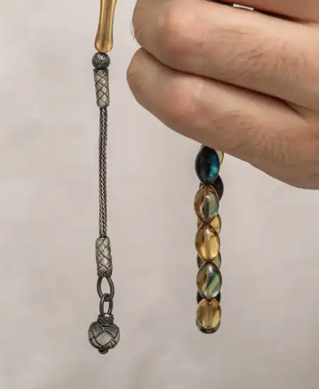 Gümüş Kazaz Püsküllü Sıkma Kehribar Tesbih