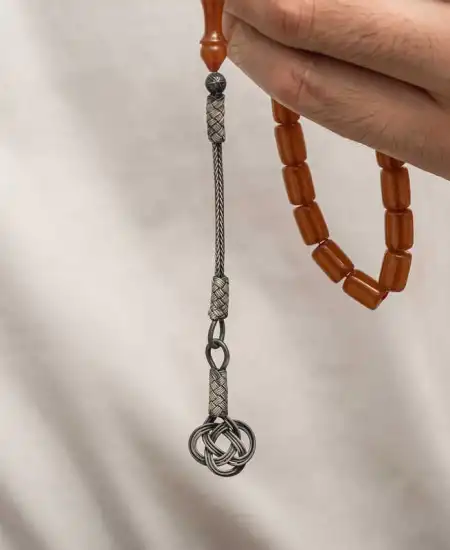 Gümüş Kazaz Püsküllü Sıkma Kehribar Tesbih