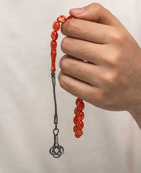 Gümüş Kazaz Püsküllü Sıkma Kehribar Tesbih