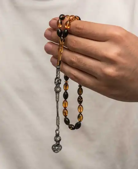 Gümüş Kazaz Püsküllü Sıkma Kehribar Tesbih