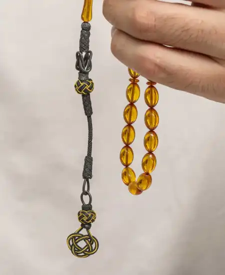 Gümüş Kazaz Püsküllü Sıkma Kehribar Tesbih