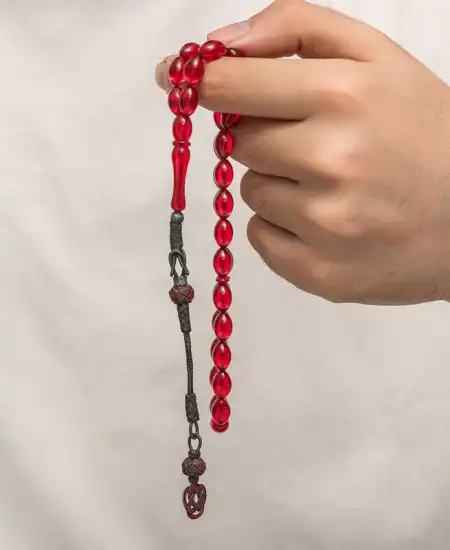 Gümüş Kazaz Püsküllü Sıkma Kehribar Tesbih