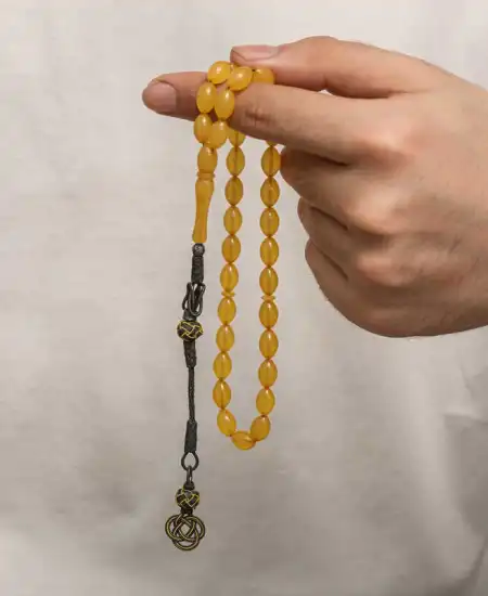 Gümüş Kazaz Püsküllü Sıkma Kehribar Tesbih