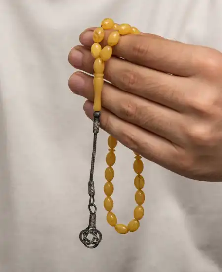 Gümüş Kazaz Püsküllü Sıkma Kehribar Tesbih