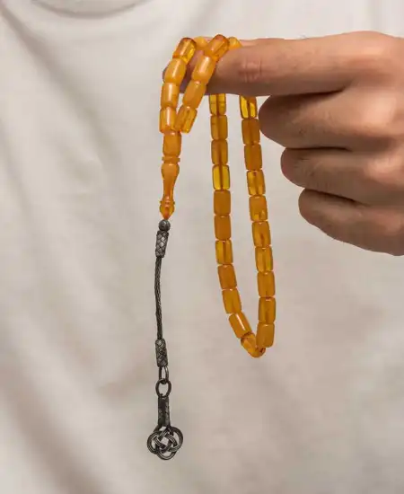 Gümüş Kazaz Püsküllü Sıkma Kehribar Tesbih