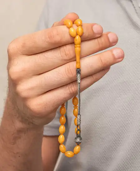 Gümüş Kazaz Püsküllü Sıkma Kehribar Tesbih