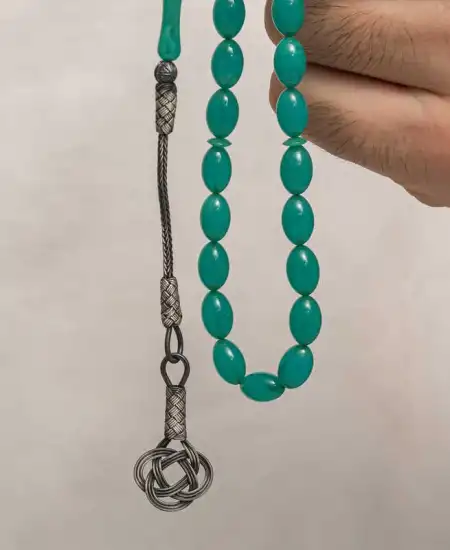 Gümüş Kazaz Püsküllü Sıkma Kehribar Tesbih