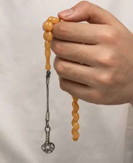 Gümüş Kazaz Püsküllü Sıkma Kehribar Tesbih