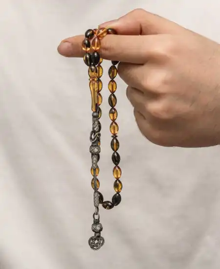 Gümüş Kazaz Püsküllü Sıkma Kehribar Tesbih