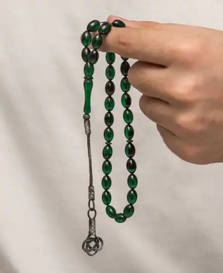 Gümüş Kazaz Püsküllü Sıkma Kehribar Tesbih