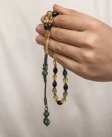 Gümüş Kazaz Püsküllü Sıkma Kehribar Tesbih