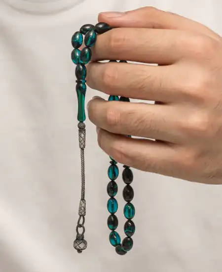 Gümüş Kazaz Püsküllü Sıkma Kehribar Tesbih