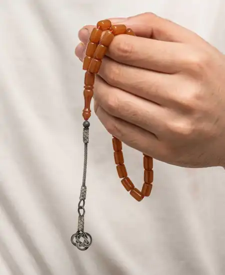 Gümüş Kazaz Püsküllü Sıkma Kehribar Tesbih