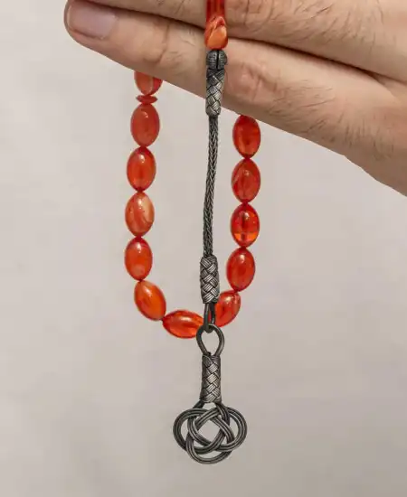 Gümüş Kazaz Püsküllü Sıkma Kehribar Tesbih