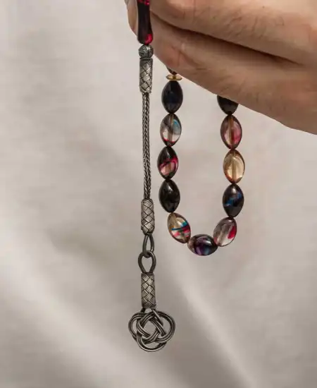 Gümüş Kazaz Püsküllü Sıkma Kehribar Tesbih