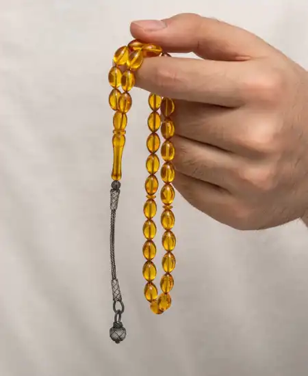 Gümüş Kazaz Püsküllü Sıkma Kehribar Tesbih