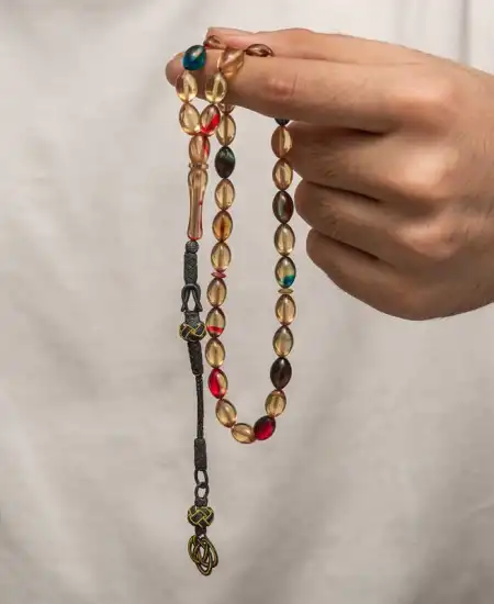 Gümüş Kazaz Püsküllü Sıkma Kehribar Tesbih