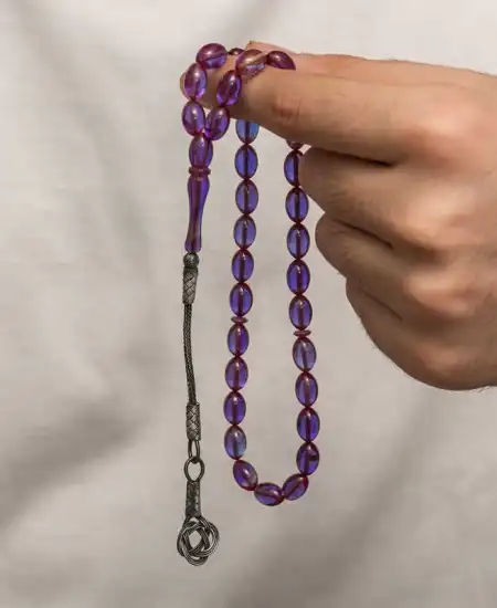 Gümüş Kazaz Püsküllü Sıkma Kehribar Tesbih