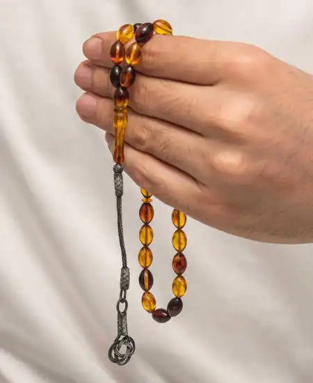 Gümüş Kazaz Püsküllü Sıkma Kehribar Tesbih