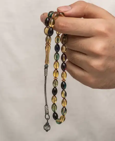 Gümüş Kazaz Püsküllü Sıkma Kehribar Tesbih