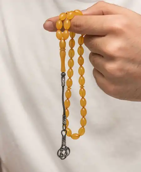 Gümüş Kazaz Püsküllü Sıkma Kehribar Tesbih