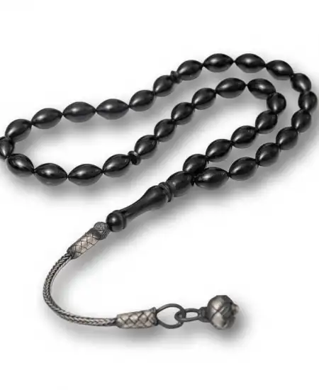 Gümüş Kazaz Püsküllü Siyah Sıkma Kehribar Tesbih