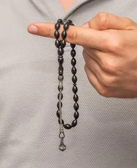 Gümüş Kazaz Püsküllü Siyah Sıkma Kehribar Tesbih