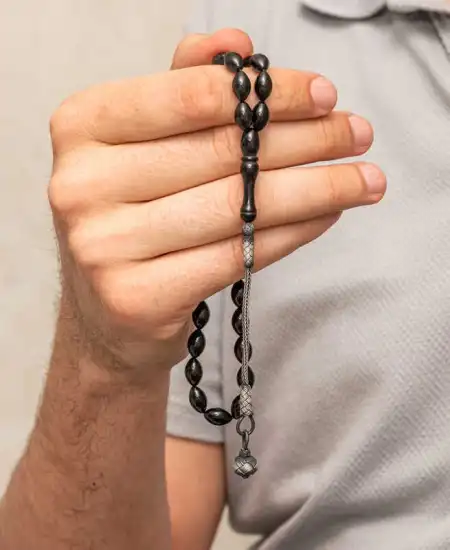 Gümüş Kazaz Püsküllü Siyah Sıkma Kehribar Tesbih
