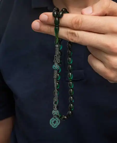 Gümüş Kazaz Püsküllü Yeşil Sıkma Kehribar Tesbih
