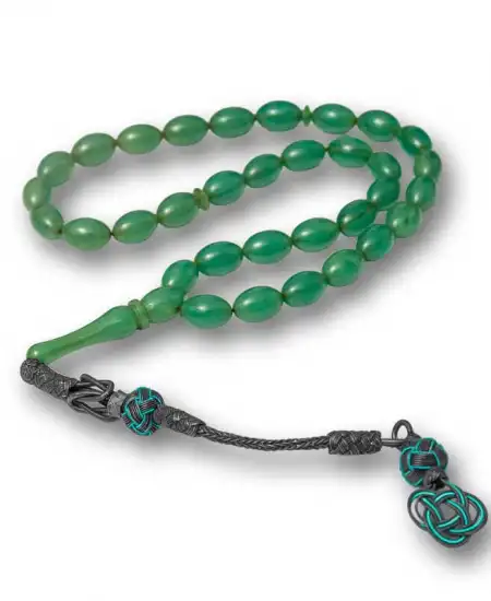 Gümüş Kazaz Püsküllü Yeşil Sıkma Kehribar Tesbih