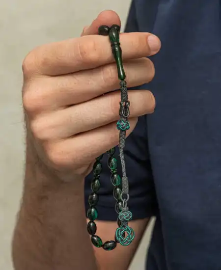 Gümüş Kazaz Püsküllü Yeşil Sıkma Kehribar Tesbih