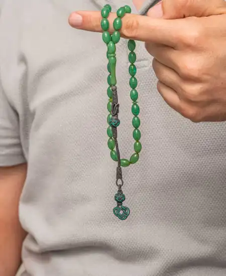 Gümüş Kazaz Püsküllü Yeşil Sıkma Kehribar Tesbih