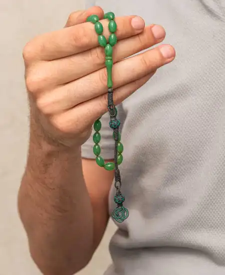Gümüş Kazaz Püsküllü Yeşil Sıkma Kehribar Tesbih