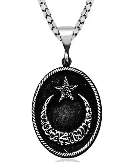 Gümüş Kelime-i Tevhid Yazılı Ay Yıldız Kolye