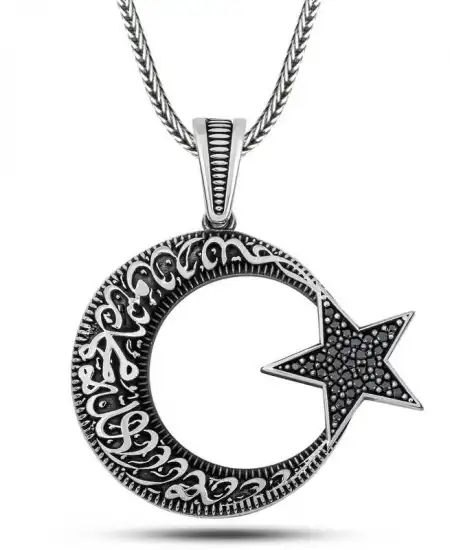 Gümüş Kelime-i Tevhid Yazılı Taşlı Erkek Kolye