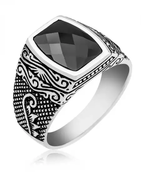 Gümüş Kesme Taşlı Desenli Erkek Yüzük