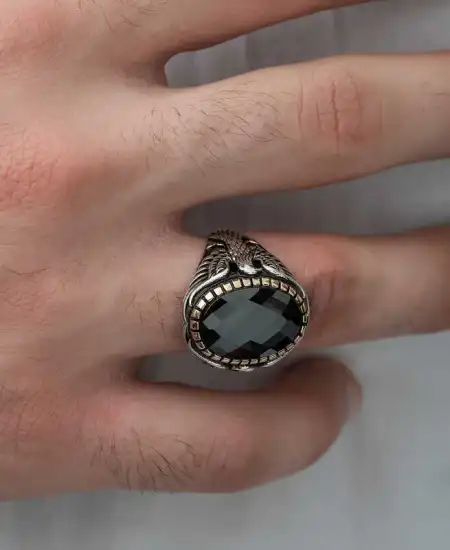 Gümüş Kesme Taşlı Kartal Figürlü Erkek Yüzük