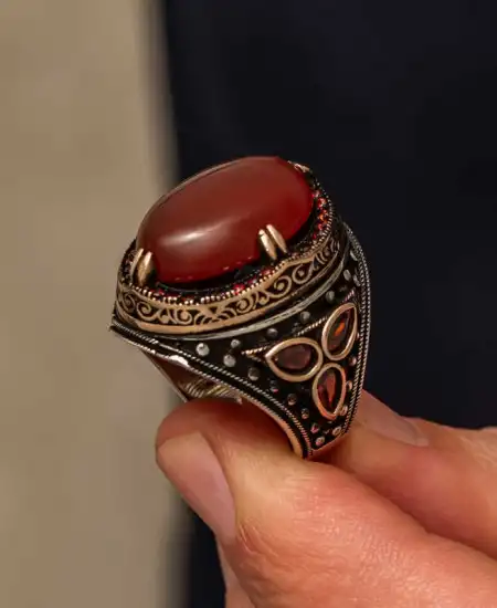 Gümüş Kırmızı Akik Taşlı Erkek Yüzük